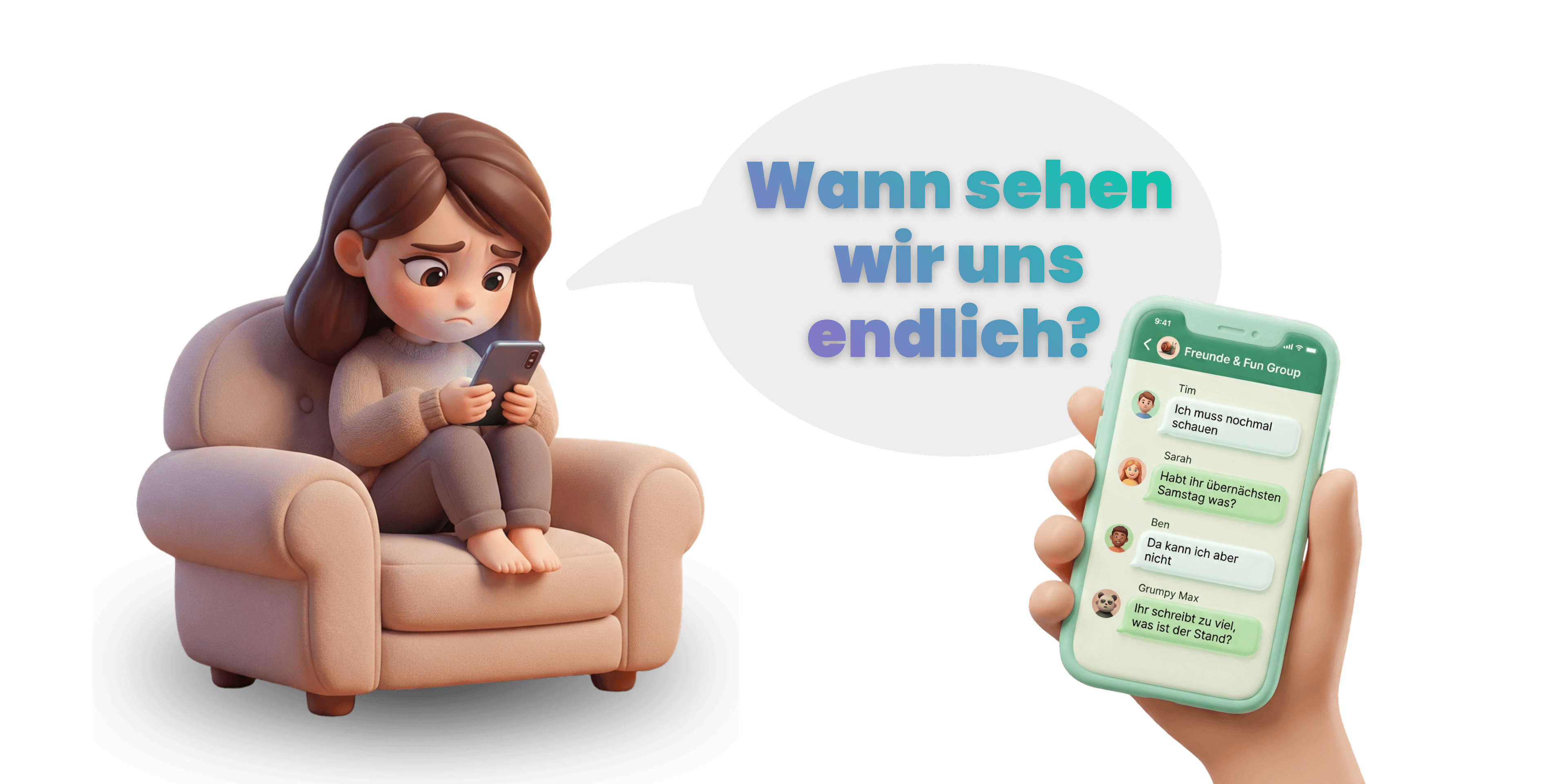 Illustration: Frustrierte Person, Sprechblase „Wann sehen wir uns endlich?“ und überfüllter Gruppenchat auf dem Handy.